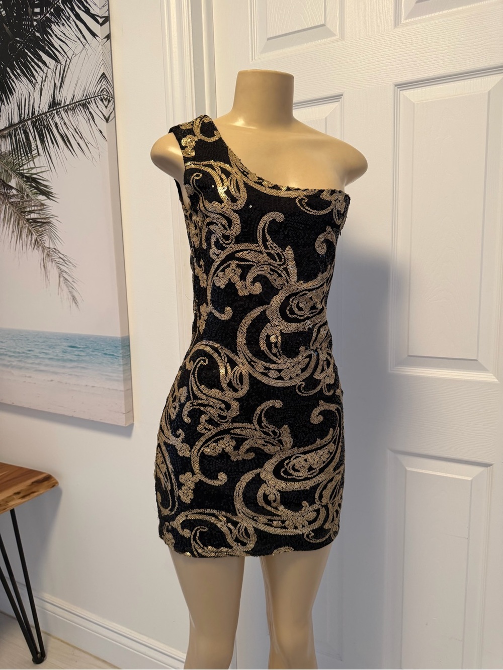 Parisian Works One-Shoulder Black and Gold Sequin Mini Dress